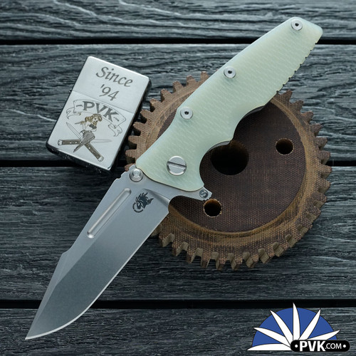 Hinderer 3.5″ Eklipse Skinny Fullered Harpoon Spearpoint, Stonewash Finished Magnacut Blade, Translucent Green G10 Scale, Working Finish Titanium Frame