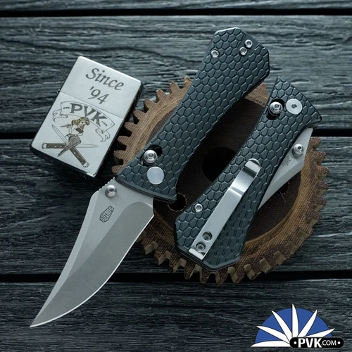 Auxiliary Manufacturing Crossbar Lock Pocket Bowie, Stonewashed 14C28N Blade, Grey Aluminum Handle, Deadhead Series