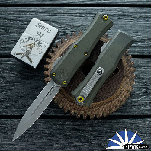 Microtech Hera II Mini 1702M-10DGG-U25, Double Edge Apocalyptic Blade, Distressed Grenade Green Handle
