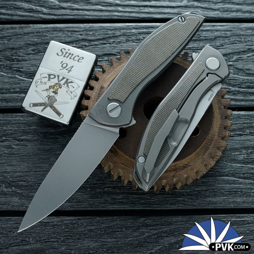 Shirogorov Knives Neon Lite, Stonewashed Elmax Blade, Stonewashed Titanium Handles W/ Green Micarta Inlay, MRBS