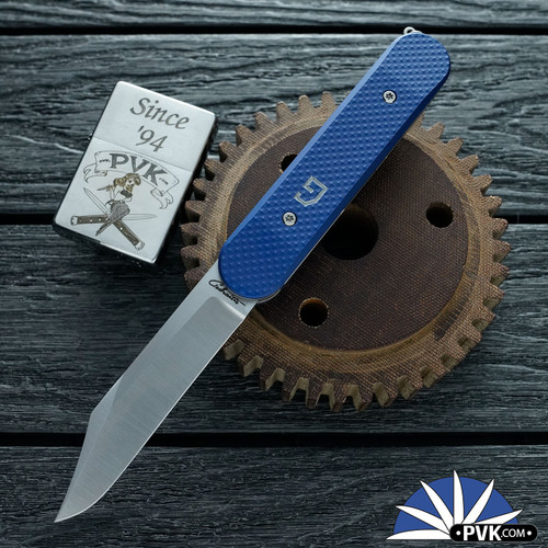 Chuck Gedraitis Switch Army Auto, Satin Bowie Blade, Blue Diamond Pattern Aluminum Scales