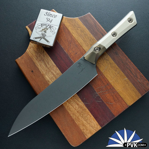 Microtech Kitchen Utility Knife 3400B-1DLCIVS, Black DLC Blade, Bronze Ano Titanium Bolsters W/Ivory G10 Handle Scales