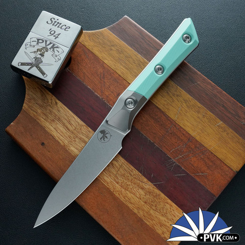 Microtech Kitchen Paring Knife 3500B-10CA, Stonewashed Blade, Blasted Titanium Bolster W/Caribbean Blue G10 Handle Scales