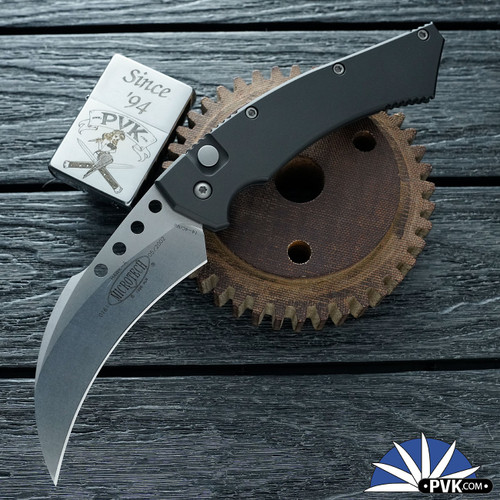 Microtech Hawk Auto, Stonewashed 14-4CrMo Blade, Black Handle - 300561