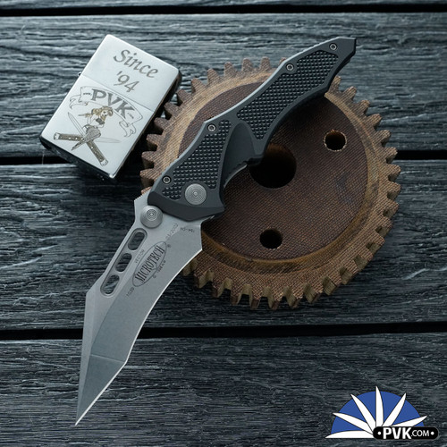 Vintage Microtech Vector Manual, Stonewashed Plain Edge 154-CM Blade, Black Handle - 300367