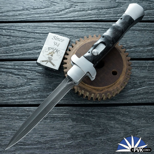 Collection Piece BURN Custom OTF 11" Italian, 416 Stainless Steel Chassis With Horn, Damascus Dagger Blade