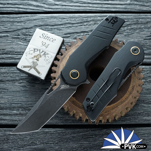 Grissom Knife and Tool - Baby Zeus, Dark Stonewashed Tanto 14C28N Blade, Black G10 Handle