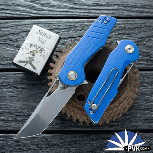 Grissom Knife and Tool - Baby Zeus, Stonewashed Tanto 14C28N Blade, Blue G10 Handle