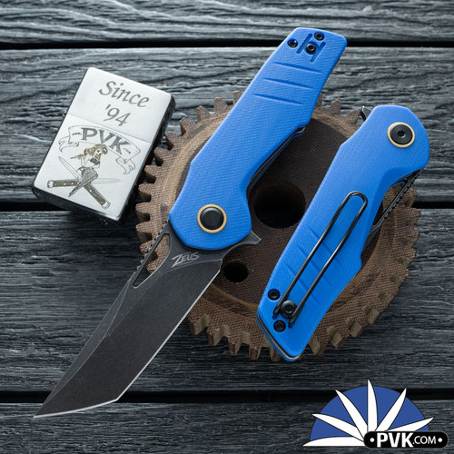 Grissom Knife and Tool - Baby Zeus, Dark Stonewashed Tanto 14C28N Blade, Blue G10 Handle