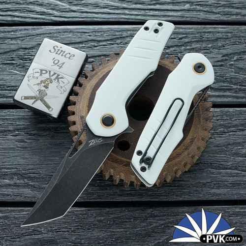 Grissom Knife and Tool - Baby Zeus, Dark Stonewashed Tanto 14C28N Blade, White G10 Handle