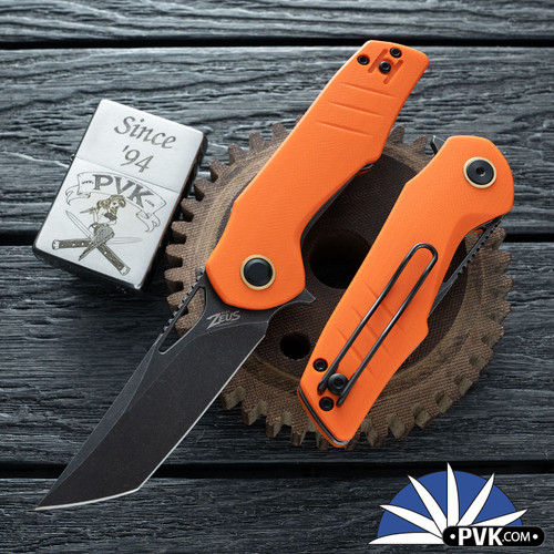Grissom Knife and Tool - Baby Zeus, Dark Stonewashed Tanto 14C28N Blade, Orange G10 Handle