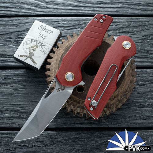 Grissom Knife and Tool - Baby Zeus, Satin Tanto 14C28N Blade, Red Micarta Handle