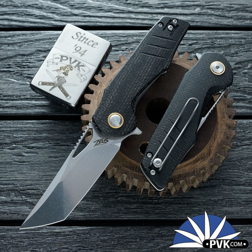 Grissom Knife and Tool - Baby Zeus, Stonewashed Tanto 14C28N Blade, Black Micarta Handle