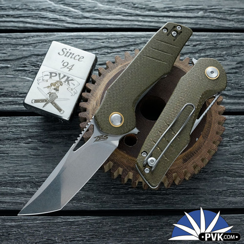 Grissom Knife and Tool - Baby Zeus, Stonewashed Tanto 14C28N Blade, OD Green Micarta Handle