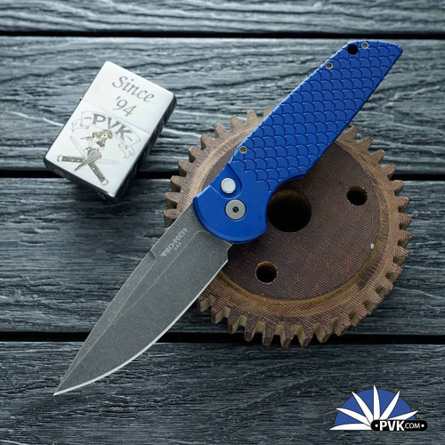 Protech TR-3 BSA26.TR3.1, Acid Wash 154CM Blade, Blue Fish Scale Handle, White Pearl Button