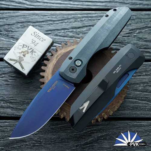 Protech Vero Synapse Auto BSA26.VERO.1, Sapphire Blue Magnacut Blade, Blue Linen Micarta Lid, Thick Black Handle, Abalone Button