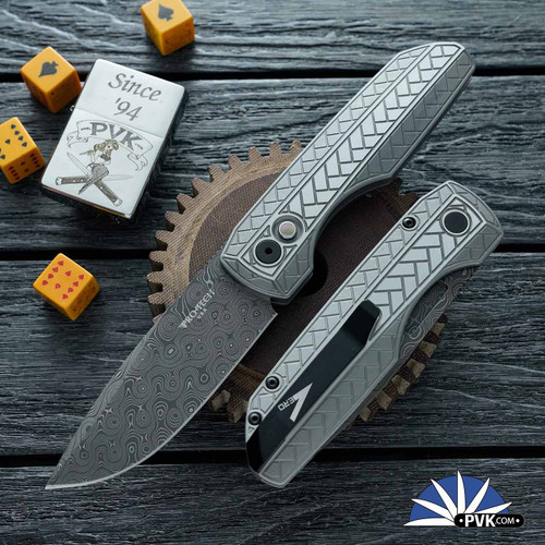 Pro-Tech 2026 Synapse 2 Custom 002, Chad Nichols Raindrop Damascus, 2 Tone Blasted/ Tumbled Herringbone Textured 17-4 Steel Handle, Black Lip Pearl Button
