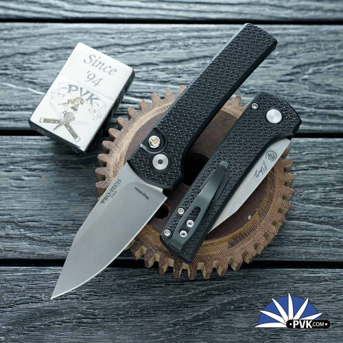 Protech/Chavez Scapegoat BSA26.SCAPEGOAT.1, Stonewashed CPM-MagnaMax Blade, Black Carbide Textured Handle, Abalone Button W/Satin HW