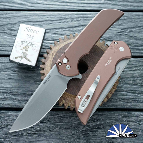 Protech Mordax Plunge Lock Flipper Knife BSA26.Mordax.1,  Stonewashed Magnacut Blade, Solid Brown Handle W/ White Pearl Button