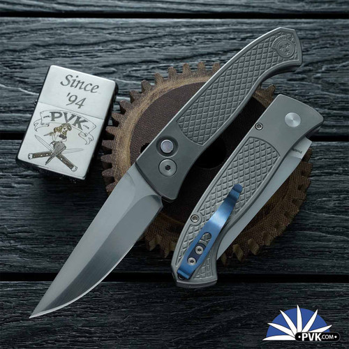 Protech / Walter Brend Collab 2026 Brend Classic Custom 001, Mike Irie Hand Ground Line-Satin 154CM Blade, Blasted/ Tumbled 17-4 Steel Textured Handle, Black Lip Pearl Button W/ Blue Titanium Clip
