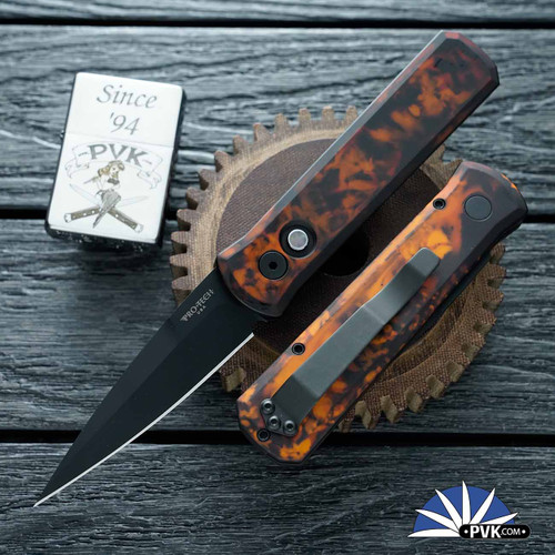 Protech Godson Auto 721-DF2, DLC Black 154CM Blade, Del Fuego Ano Handle, Black Lip Pearl Button