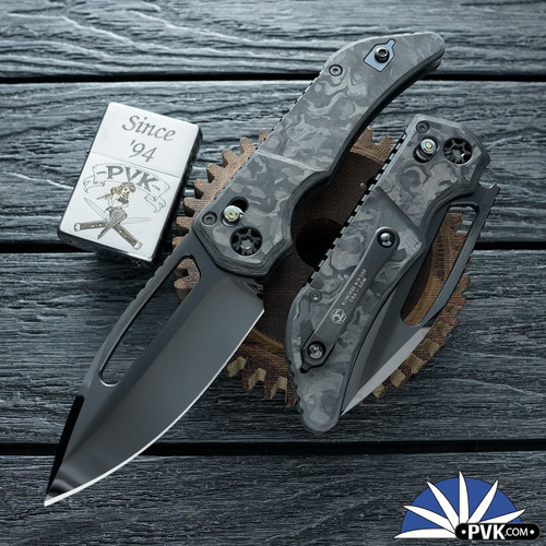 Heretic Knives Custom Koschei , Hand Ground DLC High Polish M390 Blade,  Marbled Carbon FiberChassis With Abalone Button Inlay And DLC HW