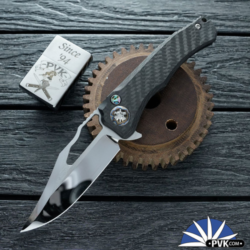 Heretic Knives Custom Wraith V4 Manual, Hand Ground Cracked Ice M390 Bowie Blade, Carbon Fiber Chassis W/ Abalone Button Inlay And Flamed Titanium HW