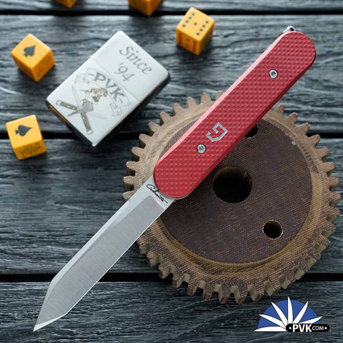 Chuck Gedraitis Switch Army Auto, Satin Tanto Blade, Red Diamond Pattern Aluminum Scales