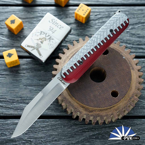 Chuck Gedraitis Custom Switch Army Auto, Nitro-V Clip Point Blade, Red G10/ Silver Twill Carbon Fiber Zipper Handle Scales