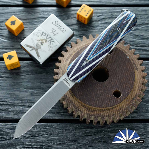 Chuck Gedraitis Custom Switch Army Auto, Nitro-V Traditional Blade, Blue/ White Mosaic Micarta Handle Scales