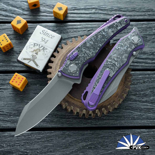Hawk Knives Talon, Tumbled M390 Blade, Tumbled & Purple Anodized Handles W/White TechnoCarbo Handle Scales