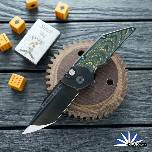 Hypercut Manufacturing Dharma Auto, Black DLC S45VN Blade, Black DLC Titanium Handle W/Toxic Storm Fat Carbon Inlays