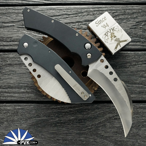 Reese Weiland Wharnhawk Gen 2 Left Handed Auto, Satin Chisel Ground Nitro-V Hawkbill Blade, Black Aluminum Chassis