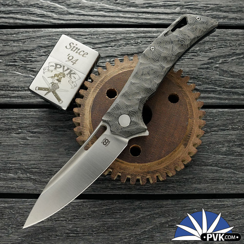 Olamic Cutlery Swish, Satin Elmax Blade, Topo Patterned Titanium Handles, Damascus Pocket Clip