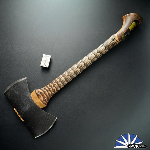 War Drum Forge/Berchtold Design Brown Pigeon Chicago Feathered Malort ADI Axe, Birch Haft W/Curly Walnut Swells, Hand Forged Double Axe Head, Custom Leather Axe Cover