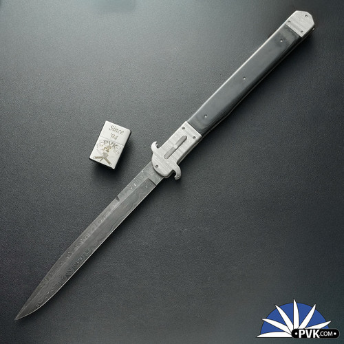 Chuck Gedraitis Custom Giant Switchblade, 10" Delbert Ealy Damascus Blade, Ladder Pattern Damascus Bolsters, Black Linen Micarta Scales, Titanium Liners
