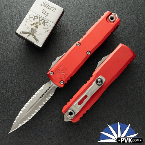 Microtech UTX-85 Gen 4 D/E 12324-D12APRD, Apocalyptic D/E Double Full Serrated Blade, Red Handle