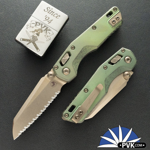 Microtech Standard Issue Mini (MSI) 210M-10FLMS2 - Ram-Lok, Bronzed Stonewash Blade, Antique Green Anodized Fluted Titanium Handle W/Bronze Ti Accents