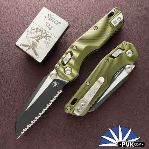 Microtech Standard Issue Mini (MSI) 210M-1FLOD, Full Serrated Black Blade, Ram-Lok OD Green Fluted Aluminum Handle
