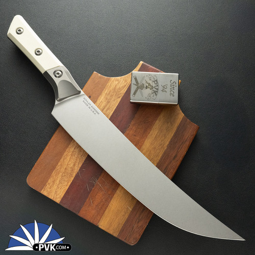 Microtech Kitchen 10" Butcher Knife 3800B-10IV, Stonewashed Blade, Ivory G10 W/Titanium Bolsters