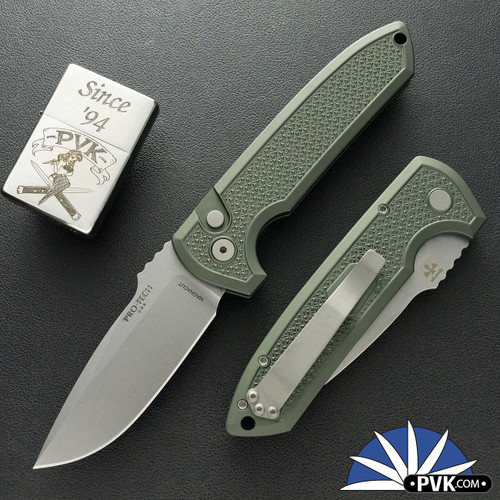Protech/Les George Rockeye LG3105-Green, Stonewashed Magnacut Blade, Carbide Textured Green Handle, Blasted HW