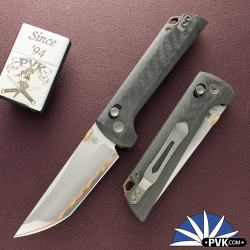 North Mountain Blade Chop 2 Crossbar Lock Folder,  Copper Damascus Tanto Blade, Carbon Fiber Handle