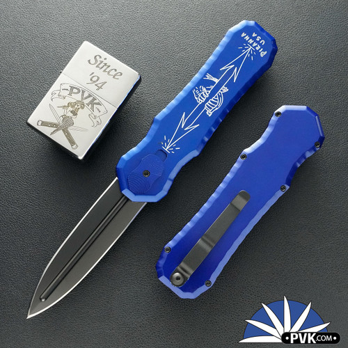 Piranha Excalibur OTF, Black Double Edge S30V Blade, Blue Handle