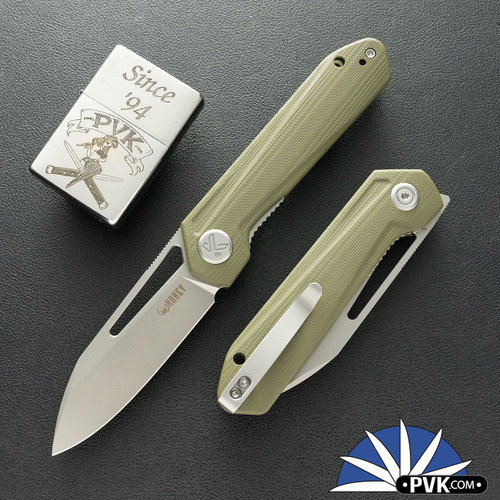 Kubey Royal Liner Lock, Stonewashed 14C28N Blade, OD Green G-10 Handles