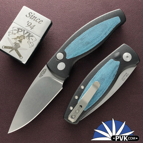 Three Rivers Manufactering (TRM) Pit Bull Auto, Magnacut Blade, Aluminum Handles With Blue Denim Micarta Inlay