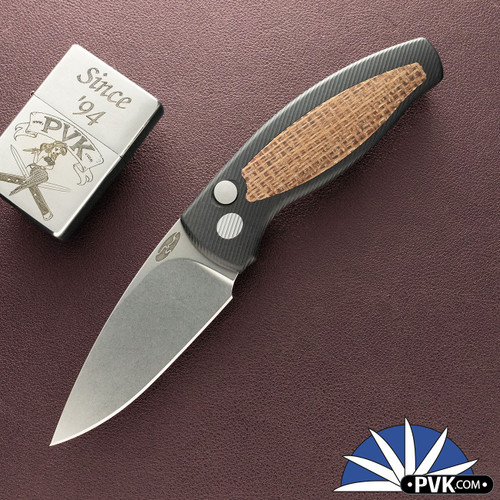 Three Rivers Manufactering (TRM) Pit Bull Auto, Magnacut Blade, Black Aluminum Handles With Burlap Micarta Inlay