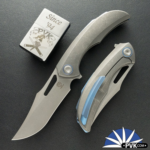 Poikilo Blade Armadillo S2, Dark Stonewashed M398 Blade, Dark Stonewashed Titanium Handle W/Blue Accents