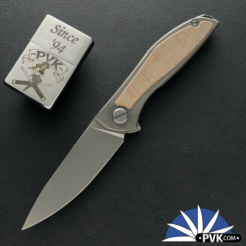 Shirogorov Knives Neon Lite, Stonewashed Elmax Blade, Stonewashed Titanium Handles W/ Natural Canvas Micarta Inlay, MRBS