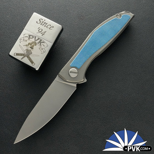 Shirogorov Knives Neon Lite, Stonewashed Elmax Blade, Stonewashed Titanium Handles W/ Blue Micarta Inlay, MRBS