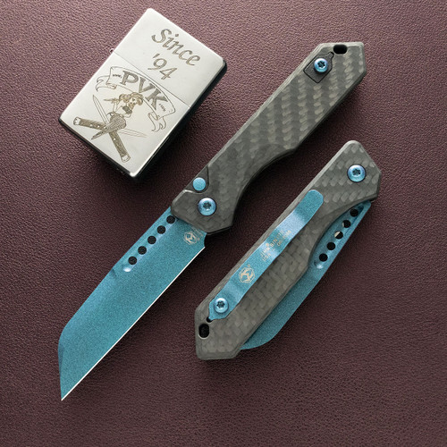 Heretic Knives Jinn Auto, Metallic Teal Magnacut Blade, Carbon Fiber Chassis W/ Metallic Teal Accents